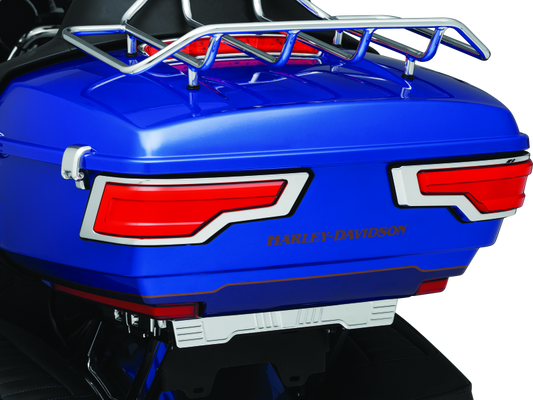 Kuryakyn Tracer Tour Pak rear lights with chrome finish and red lenses for Harley Davidson models, mounted on luggage trunk.