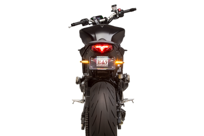 YOSHIMURA Fender Eliminator Kit for Yamaha motorcycles, showing sleek black tail tidy with mounting hardware and integrated license plate holder.