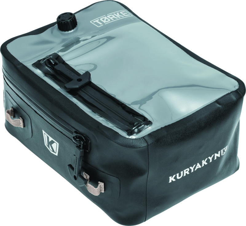 Kuryakyn Torke 7L dry tank bag with backpack straps and waterproof design, mounted on motorcycle tank for secure storage