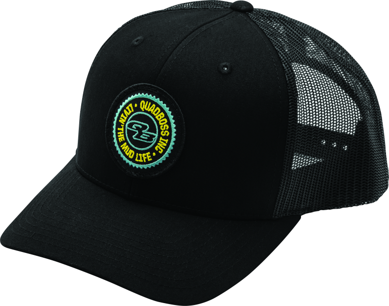 QuadBoss hi-vis reflective trucker cap with adjustable snapback and bold branding, featuring a curved brim and mesh back for ventilation.