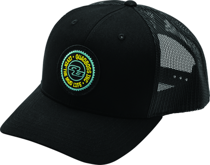 QuadBoss hi-vis reflective trucker cap with adjustable snapback and bold branding, featuring a curved brim and mesh back for ventilation.
