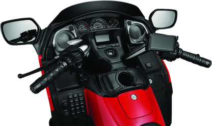 Kuryakyn ISO-Grips with OEM Heated Grip installed on Honda GL1800 Gold Wing motorcycle, showing textured black rubber grips.