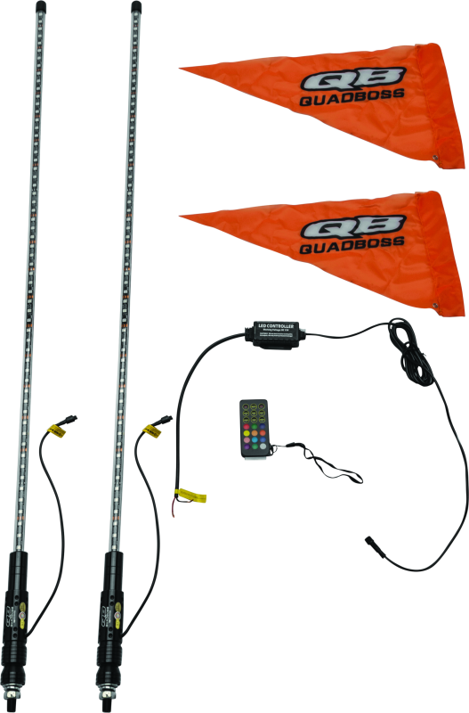 QuadBoss 4ft clear dual LED whip with Bluetooth control, designed for off-road vehicles, featuring bright LED lighting and customizable colors.