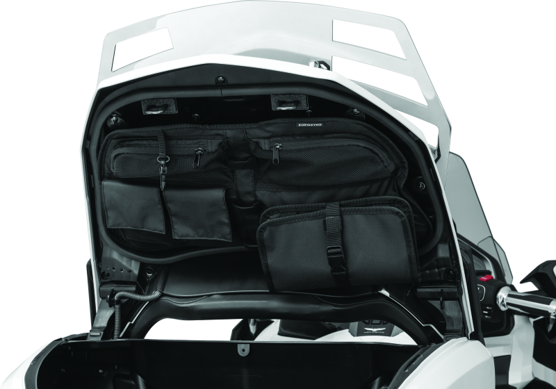 Kuryakyn trunk lid organizer installed on 2018-2023 Honda Gold Wing Tour motorcycle, showing organized storage compartments.