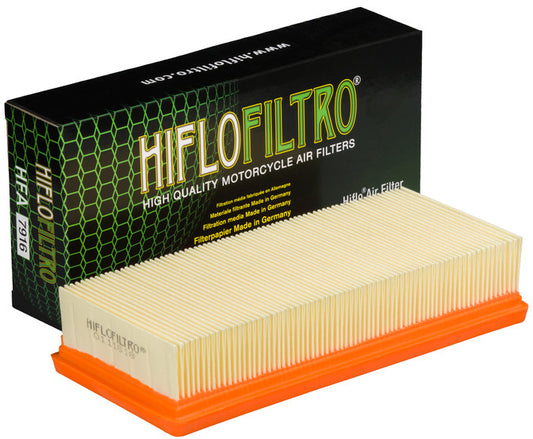 Hiflofiltro HFA7916 air filter for high-performance engines, showing the clean, rectangular filter element with branded labeling.