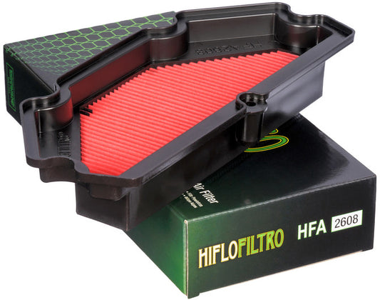 HIFLOFILTRO HFA2608 air filter for high-performance engines, showing a clean, rectangular automotive air filter with pleated filtration media.
