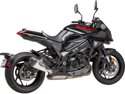 YOSHIMURA Alpha T Street SS/SS/CF exhaust with Works finish, showcasing polished stainless steel and carbon fiber components.