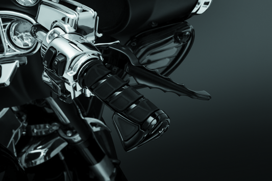 Black Kuryakyn Kinetic Throttle Boss for powersports vehicles, part #6355, shown on handlebar in close-up view.