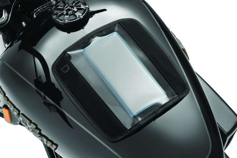 Kuryakyn Quick-Stash XL magnetic tank pouch with smartphone and GPS device inside, mounted on motorcycle fuel tank for easy access