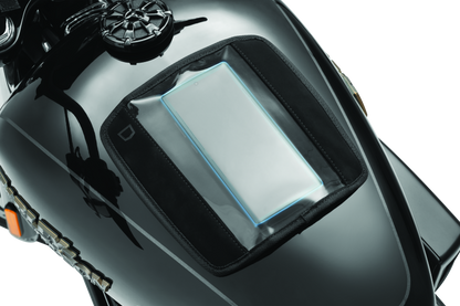 Kuryakyn Quick-Stash XL magnetic tank pouch with smartphone and GPS device inside, mounted on motorcycle fuel tank for easy access