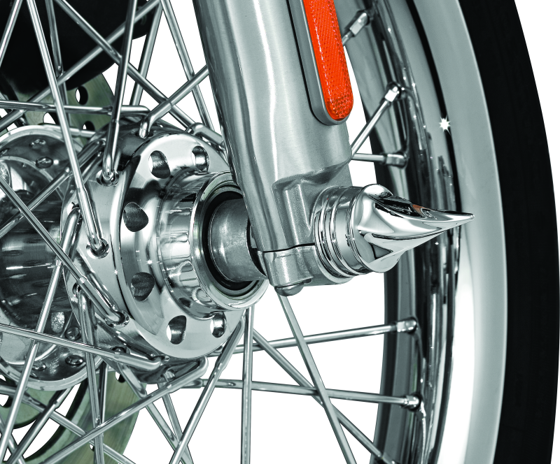 Chrome Kuryakyn Twisted Axle Caps for Harley Davidson Touring models, featuring a stylish twisted design on the axle ends.
