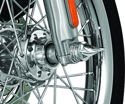 Chrome Kuryakyn Twisted Axle Caps for Harley Davidson Touring models, featuring a stylish twisted design on the axle ends.