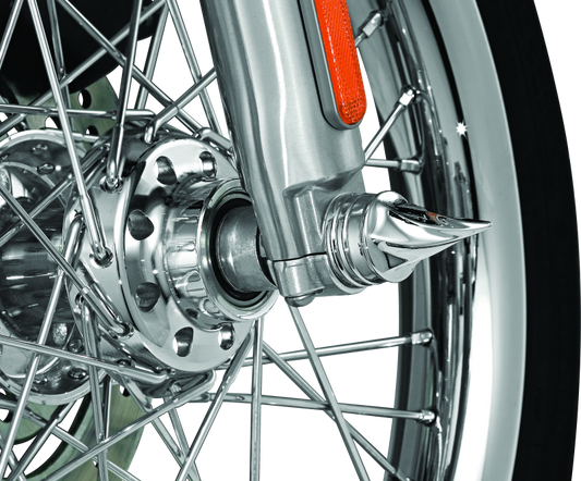 Chrome Kuryakyn Twisted Axle Caps for Harley Davidson Touring models, featuring a stylish twisted design on the axle ends.