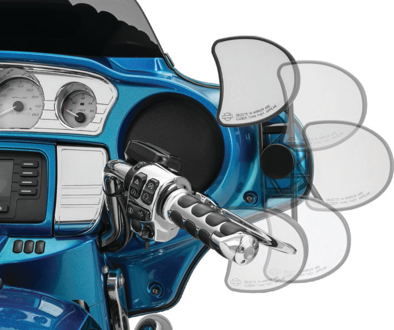 Kuryakyn Adjustable Drop Mirror Mounts for Harley Davidson Street Glide motorcycle, black metal with mounting hardware visible