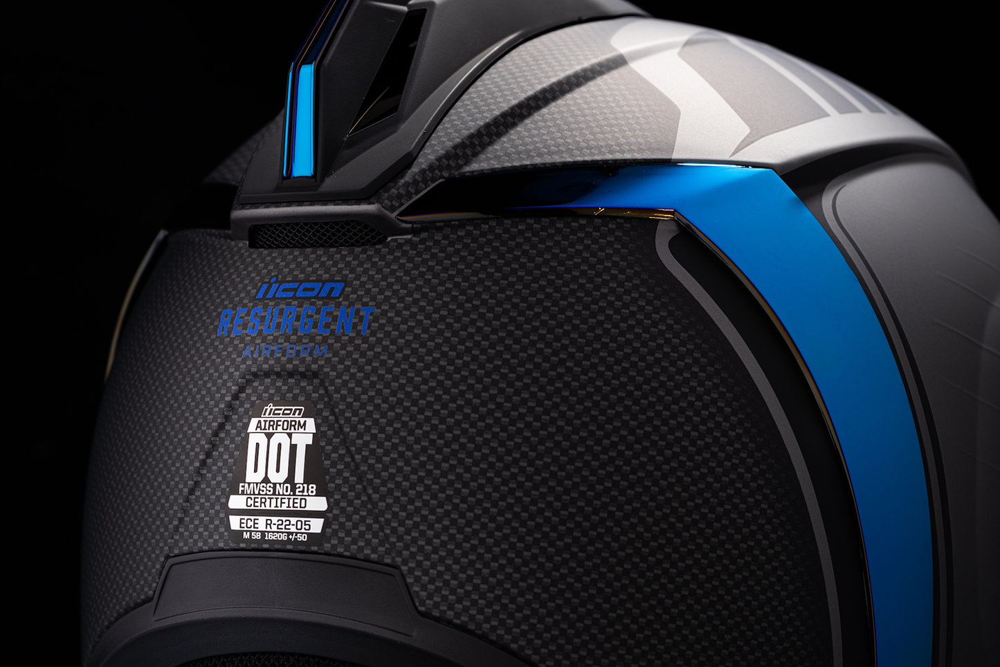 Blue ICON Airform™ helmet in XS size with Resurgent design, featuring a sleek aerodynamic shape and secure chin strap.