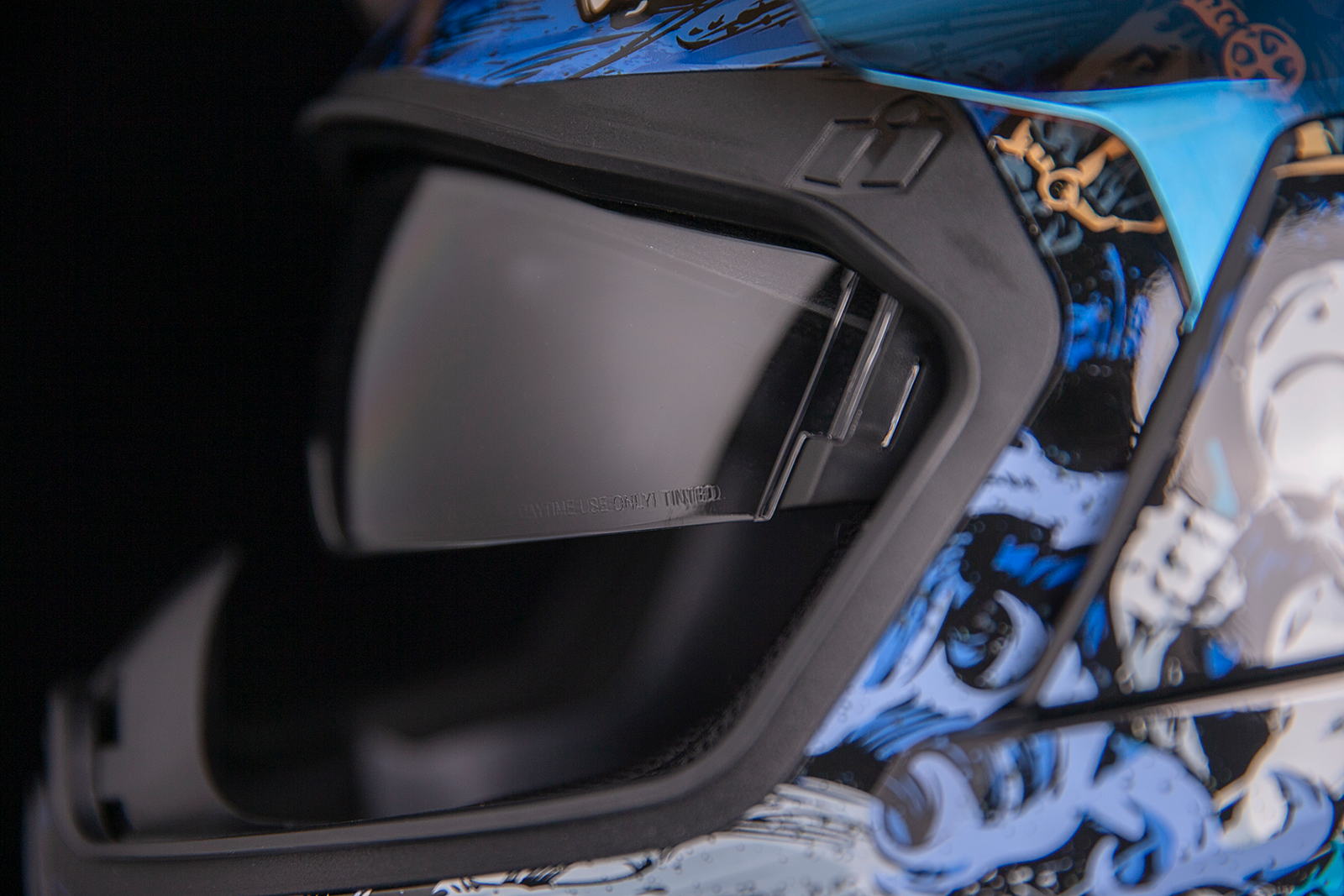 Blue ICON Airflite™ helmet in large size with 4Horsemen design, featuring a sleek aerodynamic shape and clear visor.