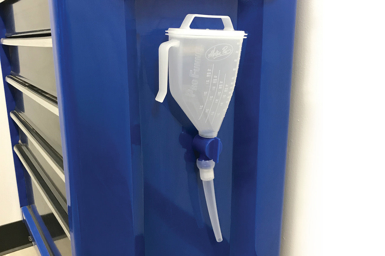 Motion Pro Pro Funnel with integrated shutoff valve and 34 oz capacity, clear plastic design for motorcycle and vehicle fluid filling
