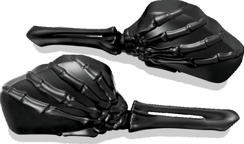 Kuryakyn Skeleton Hand Mirrors in black for powersports vehicles, featuring detailed skeleton hand design and sleek black finish.