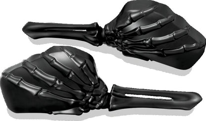 Kuryakyn Skeleton Hand Mirrors in black for powersports vehicles, featuring detailed skeleton hand design and sleek black finish.