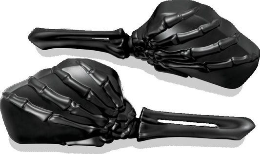 Kuryakyn Skeleton Hand Mirrors in black for powersports vehicles, featuring detailed skeleton hand design and sleek black finish.