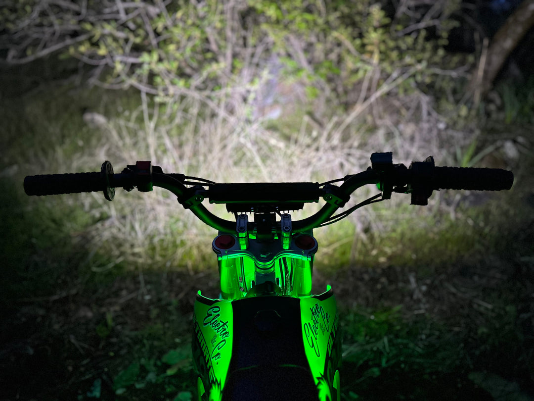 Electro & Co UltraVision Pro LED headlight kit for dirt bikes, compact 12V electric headlight on handlebars, suitable for 7/8" and 1" grips.
