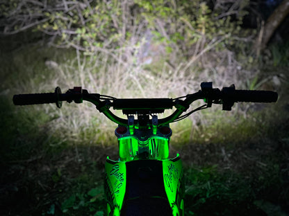 Electro & Co UltraVision Pro LED headlight kit for dirt bikes, compact 12V electric headlight on handlebars, suitable for 7/8" and 1" grips.