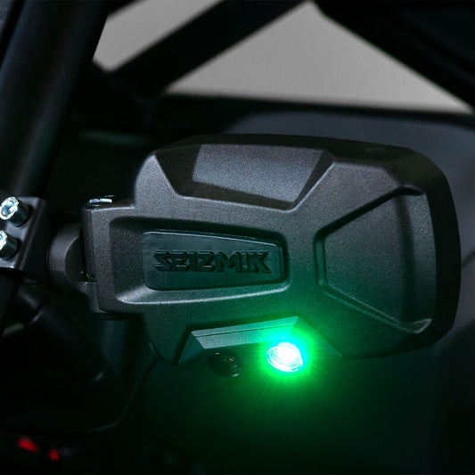 Seizmik Pursuit Night Vision LED sideview mirror for UTVs with adjustable clamp and white and green Cree LED illumination.