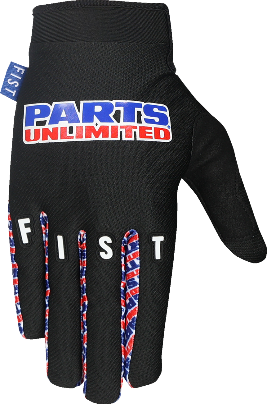 Black Large FIST Handwear Parts Unlimited gloves with reinforced fingers and textured grip for secure handling.