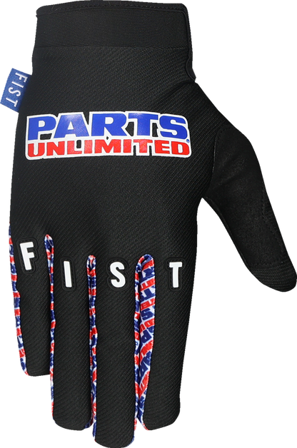 Black Large FIST Handwear Parts Unlimited gloves with reinforced fingers and textured grip for secure handling.