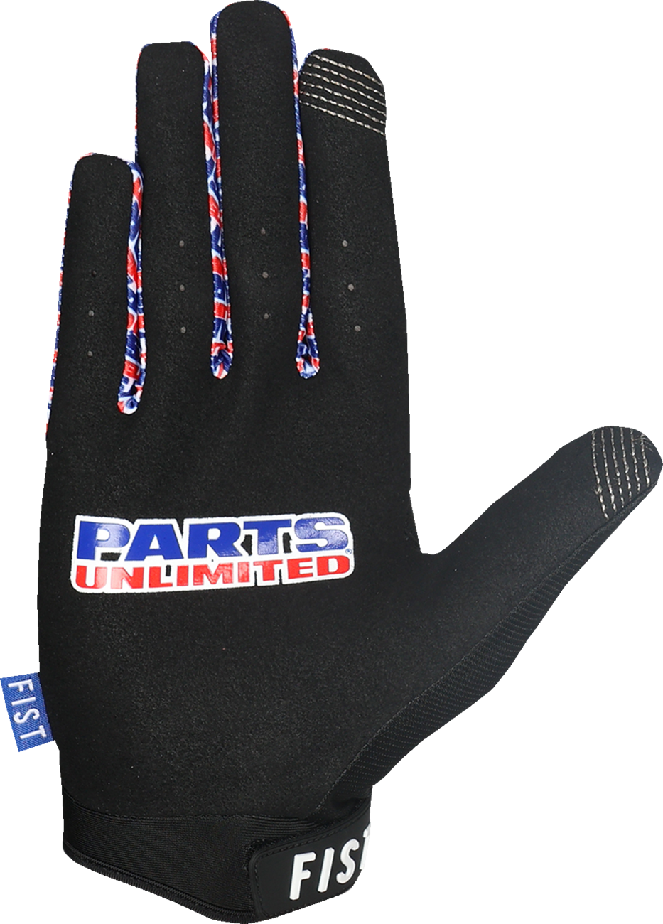 Black FIST Handwear Parts Unlimited gloves in large size, showing durable fingerless design and reinforced palm for motorcycle riding.