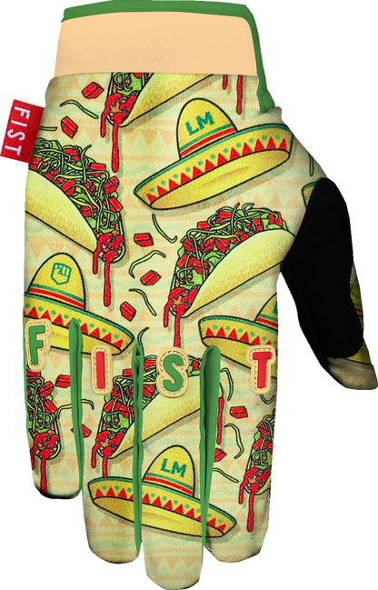 FIST HANDWEAR Strapped Logan Martin Red Label Taco Tuesday gloves in XS with red straps and branding, designed for BMX riding.