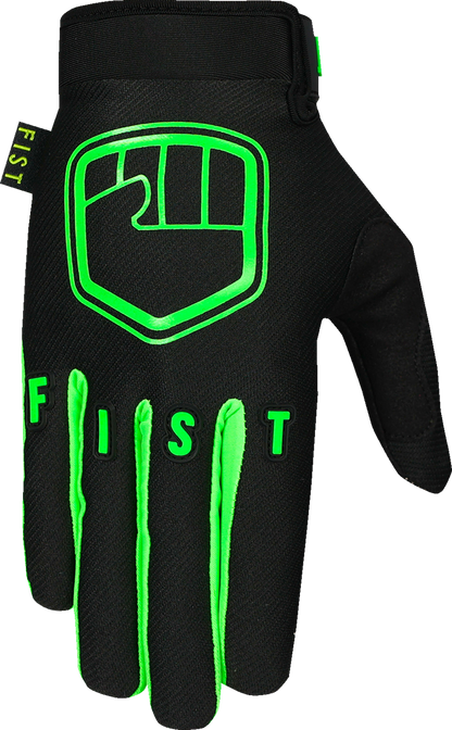 FIST Handwear youth strapped stocker gloves in fluoro green, size 2XS, with black straps and padded palms.