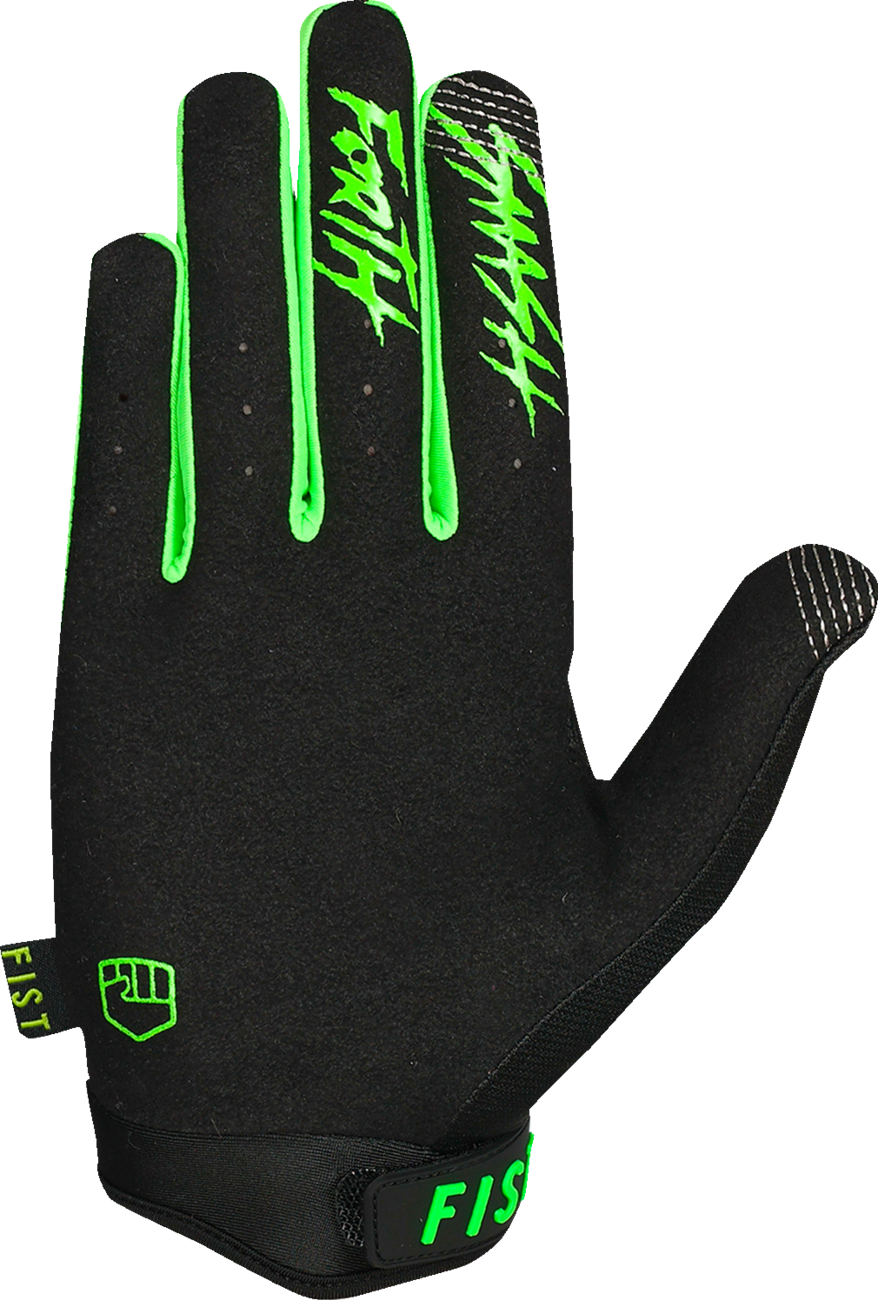 FIST Handwear youth strapped stocker gloves in fluoro green, size 2XS, with black straps and branding details.