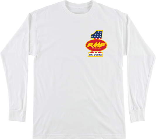 White FMF America First long-sleeve T-shirt in large size, featuring the FMF logo and patriotic design.