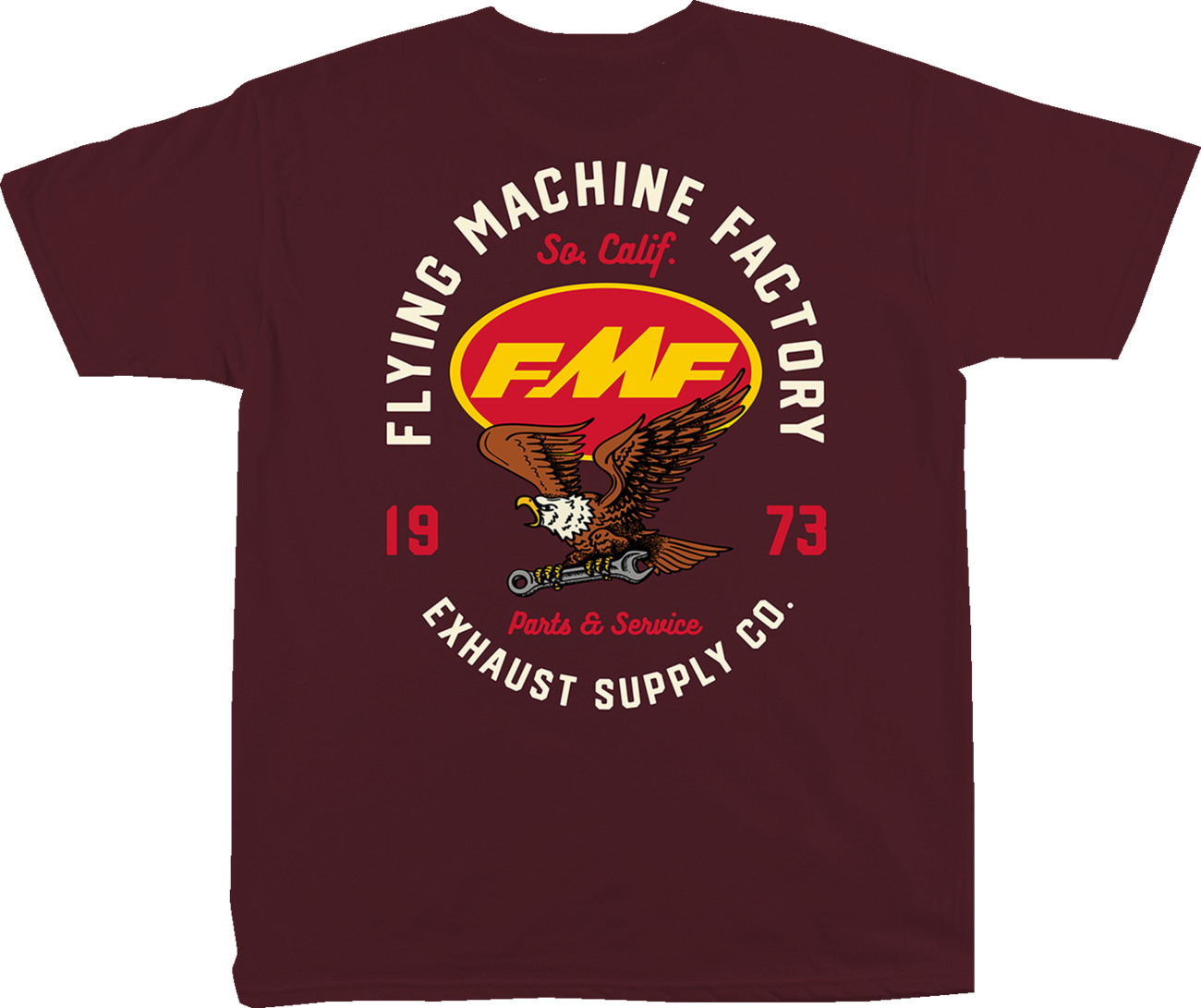 FMF Exhaust Supply Maroon 2XL T-shirt with product number FA24118902MRN2X, featuring bold FMF branding and comfortable fit.