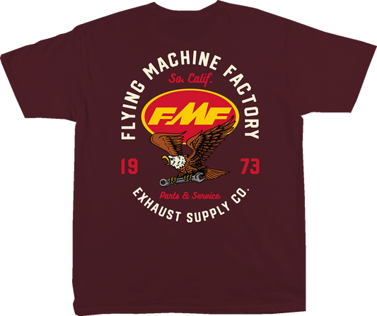 FMF Exhaust Supply maroon T-shirt in large size with front graphic and logo, made from soft cotton fabric.