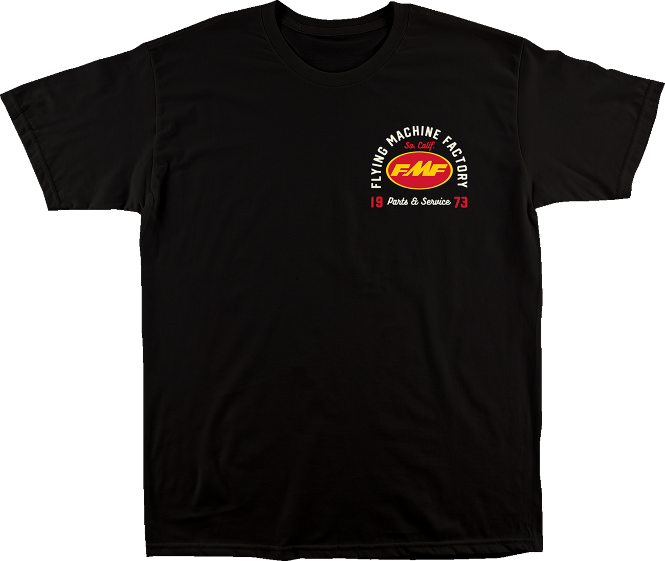 Black FMF Exhaust Supply T-Shirt in small size, featuring the FMF logo and design on the front.