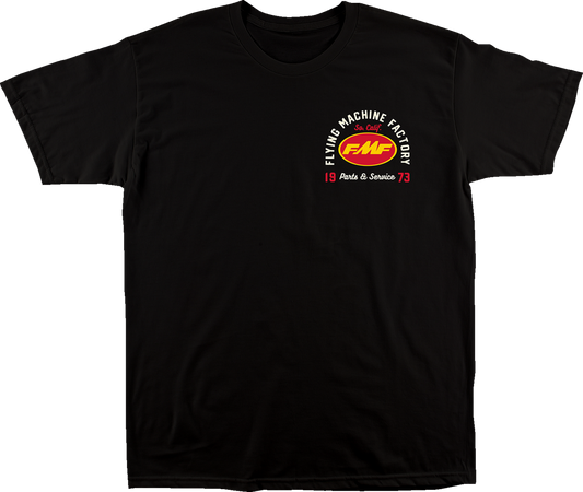 Black FMF Exhaust Supply T-Shirt in small size, featuring the FMF logo and design on the front.