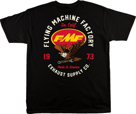 Black FMF Exhaust Supply T-Shirt in small size with logo print, made from comfortable fabric, featuring a classic crew neckline.