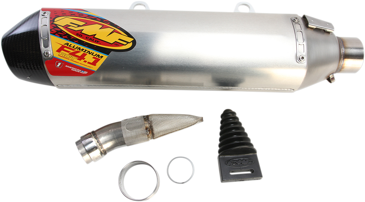 FMF Factory 4.1 RCT Muffler aluminum part, designed for motorcycle exhaust systems, with a sleek metallic finish.