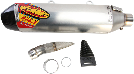 FMF Factory 4.1 RCT Muffler aluminum part, designed for motorcycle exhaust systems, with a sleek metallic finish.