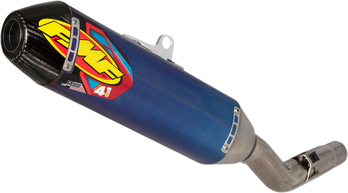 FMF Factory 4.1 RCT Muffler in anodized titanium, showcasing sleek design and branding details on the motorcycle exhaust part.