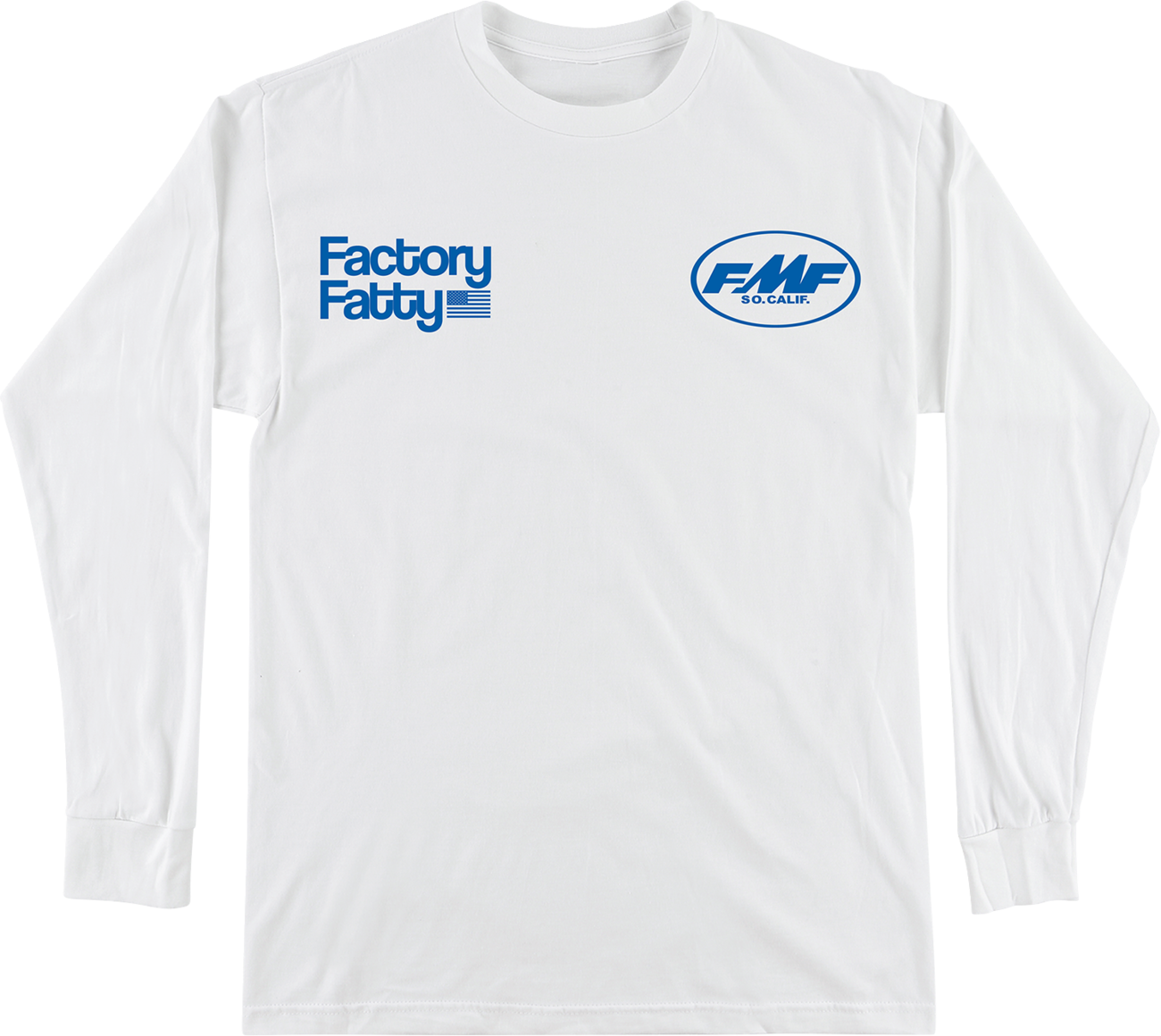 FMF Factory Fatty long-sleeve T-shirt in white, large size, featuring the FMF logo and branding on the front.