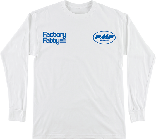 FMF Factory Fatty long-sleeve T-shirt in white, large size, featuring the FMF logo and branding on the front.