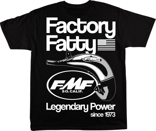 Black FMF Factory Fatty T-Shirt in XL, featuring the FMF logo and classic crewneck style, displayed on a flat lay.