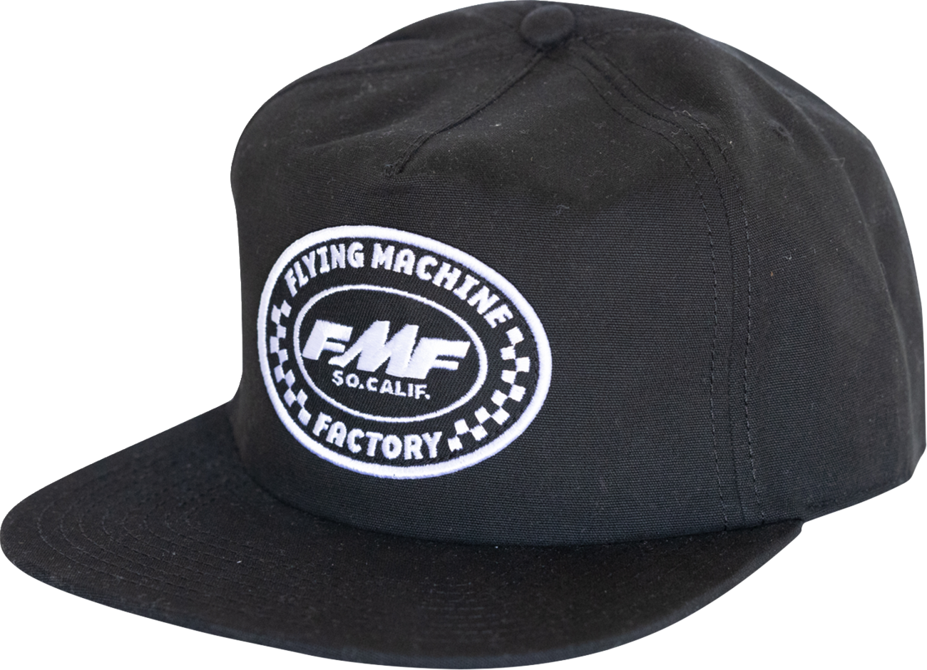 Black FMF Factory Flag Hat featuring the FMF logo and adjustable strap, designed for a stylish and comfortable fit.