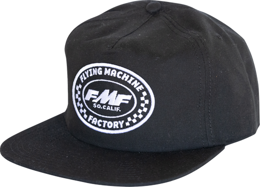 Black FMF Factory Flag Hat featuring the FMF logo and adjustable strap, designed for a stylish and comfortable fit.