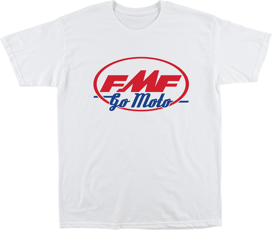 White FMF Go Moto T-Shirt in XL size, featuring the FMF logo and motorcycle-themed design on the front.