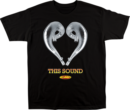 Black FMF Love This Sound T-Shirt in Small size displayed flat, featuring a casual fit and bold graphic design.