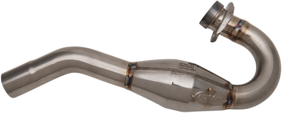FMF MegaBomb header with titanium construction for enhanced power and durability in motorcycle exhaust systems.